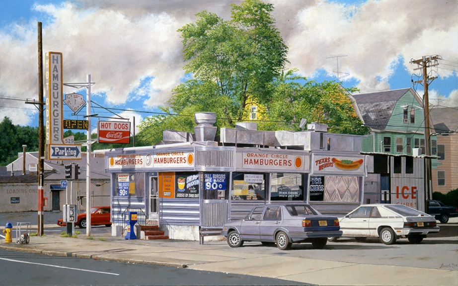 John BAEDER Orange Circle Diner, 2004, huile sur toile, 76.2 x 121.9 cm